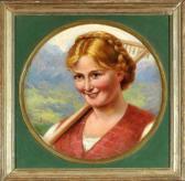 RINGEISER Joseph Portrait Einer Jungen Bäuerin Mit Rechen In Landschaft RINGEISER Joseph Portrait Einer Jungen Bäuerin Mit Rechen In Landschaft