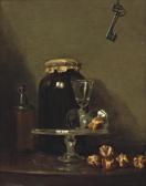 ROLAND DE LA PORTE Henri Horace Two Wine Glasses On A Glass Dish, Rolls Of Bread, A Glass Vessel And A Bottle On A Stone Ledge, A Key Hanging From A Wall Above ROLAND DE LA PORTE Henri Horace Two Wine Glasses On A Glass Dish, Rolls Of Bread, A Glass Vessel And A Bottle On A Stone Ledge, A Key Hanging From A Wall Above
