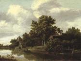 ROMBOUTS Salomon A Wooded River Landscape With A Peasant Crossing A Bridge And Fishermen In A Boat, Cottages Nearby ROMBOUTS Salomon A Wooded River Landscape With A Peasant Crossing A Bridge And Fishermen In A Boat, Cottages Nearby