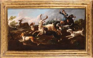 Philipp Peter Roos - Caccia Al Cervo Bianco Toro Assalito Da Cani Pastore Con Armenti, Un Agnellino E Un Cavallo Armenti Con Pastore A Riposo