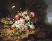 ROOSENBOOM Margaretha Gallica Roses, White Lilies, Carnations, Cornflowers, Hollyhocks, Honeysuckle, An Ivy Branch And Butterflies On A Forest Floor ROOSENBOOM Margaretha Gallica Roses, White Lilies, Carnations, Cornflowers, Hollyhocks, Honeysuckle, An Ivy Branch And Butterflies On A Forest Floor