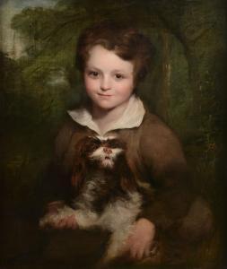 Richard Rothwell - Portrait Of A Young Boy Holding A Dog