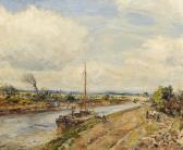 ROYLE Herbert F. Figures Beside A Barge On A Canal With Cattle In A Meadow Nearby ROYLE Herbert F. Figures Beside A Barge On A Canal With Cattle In A Meadow Nearby