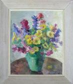 RUEL M. Flowers In A Green Ware Vase RUEL M. Flowers In A Green Ware Vase