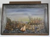 RUELLAN Jack Philippe Diorama Sous Verre Présentant Un Ensemble De 5 Mâts Barques Goëlettes 2 Mâts Sur Un Fond Paysage Italien Volcanique Avec En Cartel RUELLAN Jack Philippe Diorama Sous Verre Présentant Un Ensemble De 5 Mâts Barques Goëlettes 2 Mâts Sur Un Fond Paysage Italien Volcanique Avec En Cartel