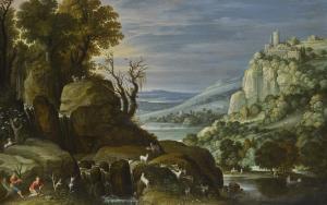 Maerten Ryckaert - Mountainous Landscape With A Clifftop Castle And Goats Frolicking On The Rocks