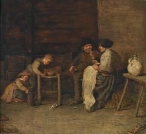 Cornelius Saftleven - Interior With A Family At Evening Time