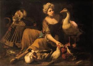 Tommaso Salini - A Girl Feeding Cockerels, With A Cat On A Basket, A Goose, Duck Andother Birds