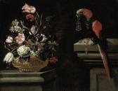 SCACCIATI Andrea I Parrot Tulips, Hydrangeas, Carnations And Other Flowers In An Urnwith A Parrot Holding An Earring In Its Beak On A Ledge SCACCIATI Andrea I Parrot Tulips, Hydrangeas, Carnations And Other Flowers In An Urnwith A Parrot Holding An Earring In Its Beak On A Ledge