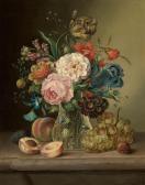 SCHELLEIN Carl Irises, Tulips, Peonies, Roses And Other Summer Blooms In A Glass Vase On A Marble Ledge Surrounded By Peaches, Grapes And Plums SCHELLEIN Carl Irises, Tulips, Peonies, Roses And Other Summer Blooms In A Glass Vase On A Marble Ledge Surrounded By Peaches, Grapes And Plums