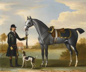 James Seymour - A Saddled Grey With A Liveried Groom Outside A Country House