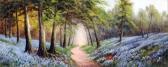 SHERRIN Reginald Daniel Bluebell Wood With Country Path And Autumn River Landscape SHERRIN Reginald Daniel Bluebell Wood With Country Path And Autumn River Landscape
