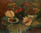SIMONIN Victor Guéridon Garni De Fleurs, Fruits Et SIMONIN Victor Guéridon Garni De Fleurs, Fruits Et