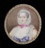 SIMPSON John A Lady, Wearing 18th Century Dress, Her Ochre-coloured Gown With Blue And White Underdress, Her White Indoor Cap Tied With A Pink Ribbon Over Her Powdered Hair SIMPSON John A Lady, Wearing 18th Century Dress, Her Ochre-coloured Gown With Blue And White Underdress, Her White Indoor Cap Tied With A Pink Ribbon Over Her Powdered Hair