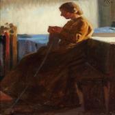 SINDING Knud Interior With Woman Knitting SINDING Knud Interior With Woman Knitting