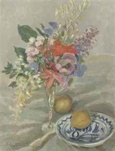 Jan Sluijters - A Still Life Flowers And Lemons In A Blue And White Bowl