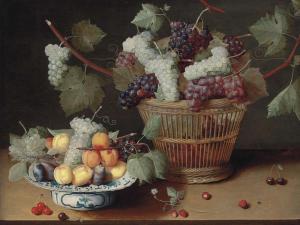 Isaak Soreau - Grapes, Peaches And Plums On A Delft Platter And Grapes In A Woven Basket