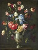 STANCHI DEI FIORI Giovanni An Iris, A Peony, Love-in-a-mist, Tulips, Pinks And Other Flowers In A Silver Urn STANCHI DEI FIORI Giovanni An Iris, A Peony, Love-in-a-mist, Tulips, Pinks And Other Flowers In A Silver Urn