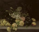 STEELE Edwin A Gourd, White And Black Grapes, Apples And A Pear With A Vase And A Jug On A Marble Ledge; And Lillies And Roses, Hollyhocks, Grapes And Peaches, And A Ewer, On A Stone Ledge STEELE Edwin A Gourd, White And Black Grapes, Apples And A Pear With A Vase And A Jug On A Marble Ledge; And Lillies And Roses, Hollyhocks, Grapes And Peaches, And A Ewer, On A Stone Ledge