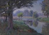 STEELE Theodore Clement Indiana Landscape Depicting Two Boys Fishing In A Stream STEELE Theodore Clement Indiana Landscape Depicting Two Boys Fishing In A Stream