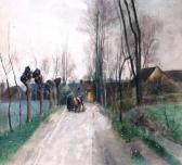 STEWART WOOD Emmie French Rural Scene With Woman And Cow On A Tree-lined Roadway With Dwellings In The Background STEWART WOOD Emmie French Rural Scene With Woman And Cow On A Tree-lined Roadway With Dwellings In The Background