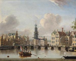 Jacobus Storck - A View Of The Munt, Amsterdam With Figures In Boats And Swimming In The Canal