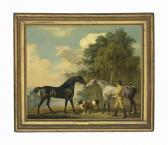 STUBBS George Two Hunters With A Young Groom And A Dog By A Lake STUBBS George Two Hunters With A Young Groom And A Dog By A Lake