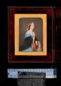 TAYLER Edward Sophia Margaret Hoster, Half-length, Wearing Blue Dress With Frilled White Underslip, Black Shawl, Gold Bracelets And Pink Roses In Her Hair, She Rests Against The Back Of An Upholstered Chair Draped With Embroidered Shawl, Her Right Hand Raised, Holding TAYLER Edward Sophia Margaret Hoster, Half-length, Wearing Blue Dress With Frilled White Underslip, Black Shawl, Gold Bracelets And Pink Roses In Her Hair, She Rests Against The Back Of An Upholstered Chair Draped With Embroidered Shawl, Her Right Hand Raised, Holding