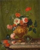 TEIXEIRA DE MATTOS Abraham Roses, Poppies, Holly, Carnations And Other Flowers In A Bronze Urn With A Birds Nest, A Caterpillar And Peaches On A Marble Ledge Before A Curtain TEIXEIRA DE MATTOS Abraham Roses, Poppies, Holly, Carnations And Other Flowers In A Bronze Urn With A Birds Nest, A Caterpillar And Peaches On A Marble Ledge Before A Curtain