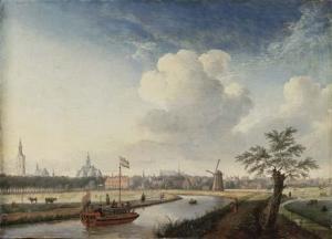 Jan Ten Compe - A Cappricio View Of The Hague, With Figures Walking Along A Riverand A Barge