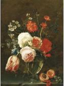 THIELENS Gaspard A Still Life Of Flowers In A Glass Vase With Fruit On A Stoneledge THIELENS Gaspard A Still Life Of Flowers In A Glass Vase With Fruit On A Stoneledge