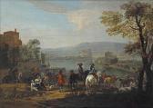 TILLEMANS Peter A Italianate River Landscape With A Military Company Riding Along The River Bank Towards A Town In The Near Distance TILLEMANS Peter A Italianate River Landscape With A Military Company Riding Along The River Bank Towards A Town In The Near Distance