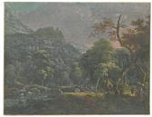 TROOST Willem I A Hilly Landscape With Figures Crossing A Bridge TROOST Willem I A Hilly Landscape With Figures Crossing A Bridge