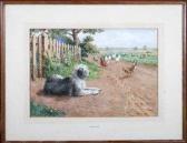 VALENTINE John An Old English Sheep Dog And Poultry By A Garden Fence VALENTINE John An Old English Sheep Dog And Poultry By A Garden Fence