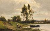 VALLEE Etienne Maxime A French River Landscape With Figures Washing Clothes, And A Moored Boat Beyond VALLEE Etienne Maxime A French River Landscape With Figures Washing Clothes, And A Moored Boat Beyond