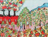 VALLMAN Uno Äppelskörd. Signerad Och Daterad Uno Vallman 1971. Olja På Pannå, 51 X 65. Smärre Krackelyrer Och Färgbortfall VALLMAN Uno Äppelskörd. Signerad Och Daterad Uno Vallman 1971. Olja På Pannå, 51 X 65. Smärre Krackelyrer Och Färgbortfall
