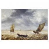 van ANTHONISSEN Hendrick Fishermen In A Rowboat And Other Sailing Vessels In A Choppy Sea, A City In The Distance van ANTHONISSEN Hendrick Fishermen In A Rowboat And Other Sailing Vessels In A Choppy Sea, A City In The Distance