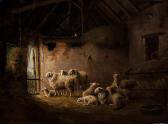 VAN SEVERDONCK Franz Sheep And Lambs In A Stable Withonlooking Cat VAN SEVERDONCK Franz Sheep And Lambs In A Stable Withonlooking Cat