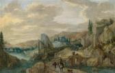 VERHAECHT Tobias Gebirgslandschaft Mit Zwei Jägern Auf Einerbrücke Und Rastendem Gamsjäger VERHAECHT Tobias Gebirgslandschaft Mit Zwei Jägern Auf Einerbrücke Und Rastendem Gamsjäger