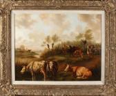VERHOESEN Albertus Landscape With Cows, Figures, Pollard Willows, Village And Donkey VERHOESEN Albertus Landscape With Cows, Figures, Pollard Willows, Village And Donkey