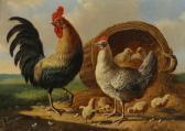 VERHOESEN Albertus Rooster, Hen, And Chicks In A Basket VERHOESEN Albertus Rooster, Hen, And Chicks In A Basket