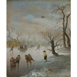  Verstraelen Anthonie - Skaters And A Horse-drawn Sledge On A Frozen Waterway