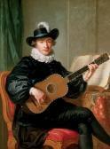 VOIRIOT Guillaume Portrait Of Monsieur Aublet, Three-quarter-length, Seated, In A Black Fancy Costume And Playing A Five-course Guitar, A Sheet Of Music On A Table Beside Him VOIRIOT Guillaume Portrait Of Monsieur Aublet, Three-quarter-length, Seated, In A Black Fancy Costume And Playing A Five-course Guitar, A Sheet Of Music On A Table Beside Him