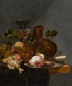 VRIES de J. Still Life On A Table With Fruits, Vine Leaves And A Rose On Asilver Plate. VRIES de J. Still Life On A Table With Fruits, Vine Leaves And A Rose On Asilver Plate.