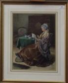 WALKER E.J. Elderly Lady Reading The Paper Within An Interior WALKER E.J. Elderly Lady Reading The Paper Within An Interior