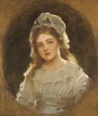 WALKER John Hanson Portrait Of A Girl, Possibly The Artist's Daughter Dorothy, Half-length, Wearing A White Dress And Bonnet, And A Blue Sash WALKER John Hanson Portrait Of A Girl, Possibly The Artist's Daughter Dorothy, Half-length, Wearing A White Dress And Bonnet, And A Blue Sash