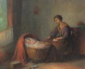 WALTENSPERGER Charles E. Interior Scene With Young Mother Rocking Child To Sleep In A Cradle WALTENSPERGER Charles E. Interior Scene With Young Mother Rocking Child To Sleep In A Cradle