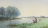 WALTERS George Stanfield Children Fishing From Riverbank WALTERS George Stanfield Children Fishing From Riverbank
