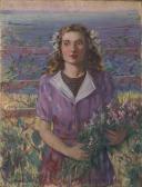 WATSON Elizabeth V. Taylor Young Woman Holding A Bunch Of Flowers At The Shore WATSON Elizabeth V. Taylor Young Woman Holding A Bunch Of Flowers At The Shore