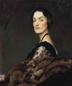 George Spencer Watson - Portrait Of A Lady In A Black Velvet And Lace Dress, With A Fur